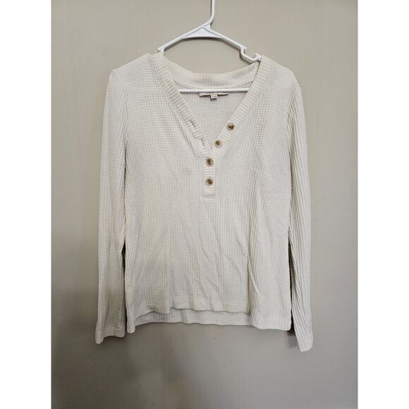 LOFT WOMEN'S SUPER SOFT LONG SLEEVE BRUSHED WAFFLE HENLEY TOP IVORY SIZE Large P - Picture 1 of 5